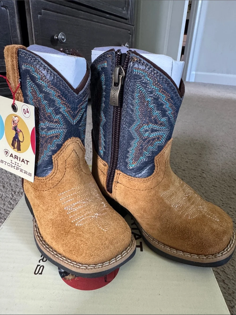 Ariat Toddlers' Two-Tone Suede Western Boots - Tan & Blue size 4